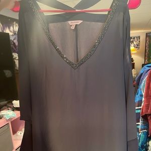 Grey open shoulder juicy couture grey blouse with bling v neck! New with tags